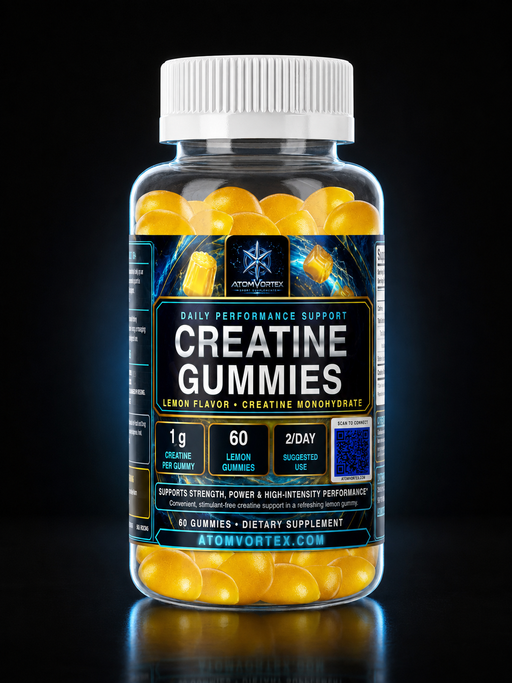 Lemon-flavored creatine gummies bottle with white cap and yellow gummies.