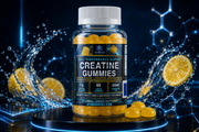 Creatine gummies bottle with yellow gummies and lemon slice on blue display.