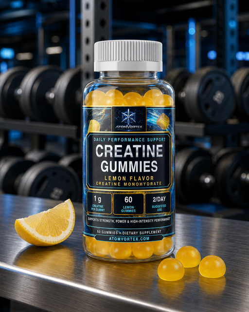 Lemon creatine gummies bottle with lemon slice and scattered yellow gummies on bench.