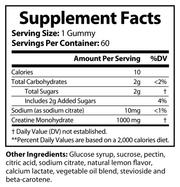 Supplement Facts label for lemon creatine gummies, 1 gummy serving size.