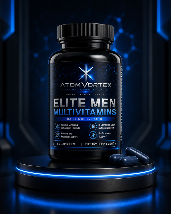 Men multivitamin supplement bottle, black cap, "ELITE MEN MULTIVITAMINS" front label