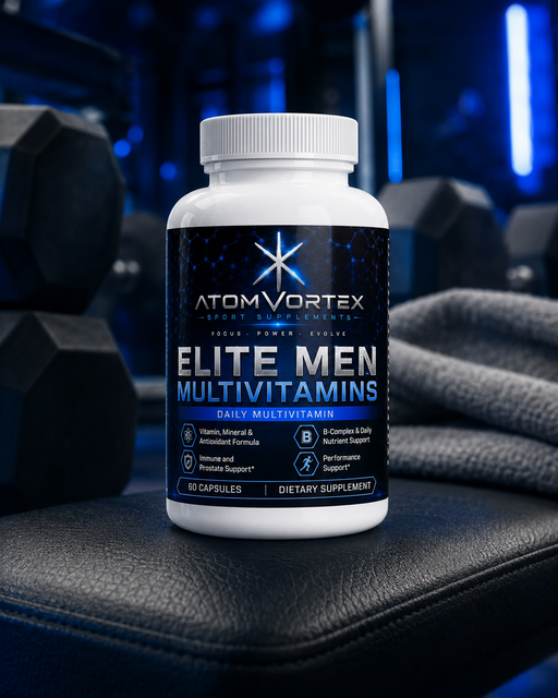 Men multivitamin supplement bottle, front label with blue "ELITE MEN" text