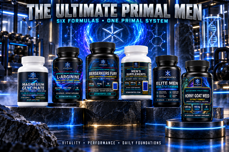 Men's supplement bottles bundle with black and white containers on blue display base