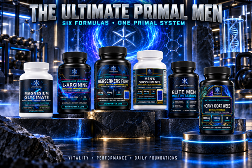 Men's supplement bottles bundle with black and white containers on blue display base