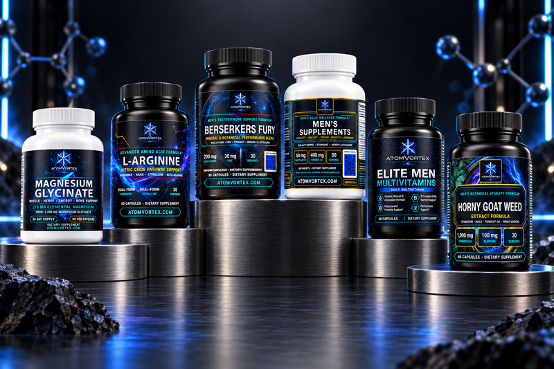 Men's supplement bottles lineup with black and white caps on metal display pedestal