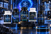 Men's supplement bottles arranged on stacked dark platforms with blue label designs