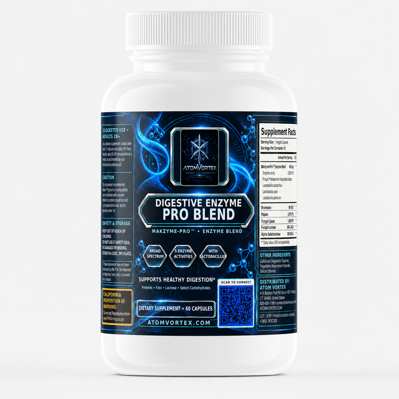 White supplement bottle with blue Digestive Enzyme Pro Blend label and Supplement Facts