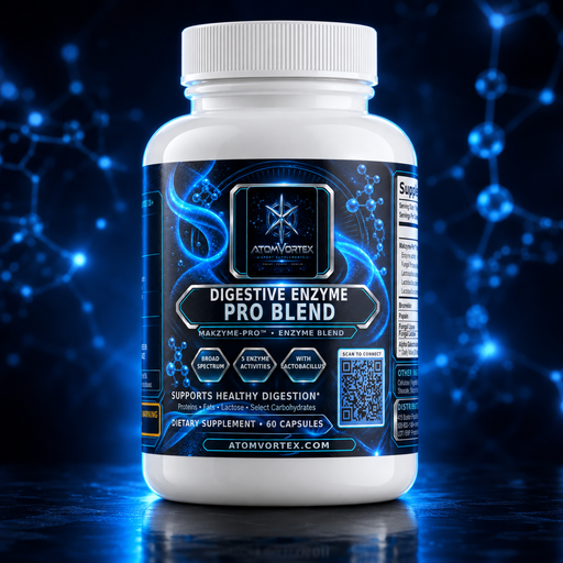 Close-up white supplement bottle with blue digestive enzyme blend label and barcode
