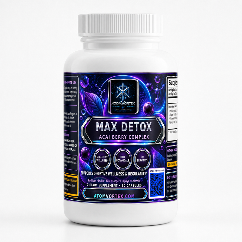 MAX DETOX ACAI BERRY COMPLEX supplement bottle with white cap