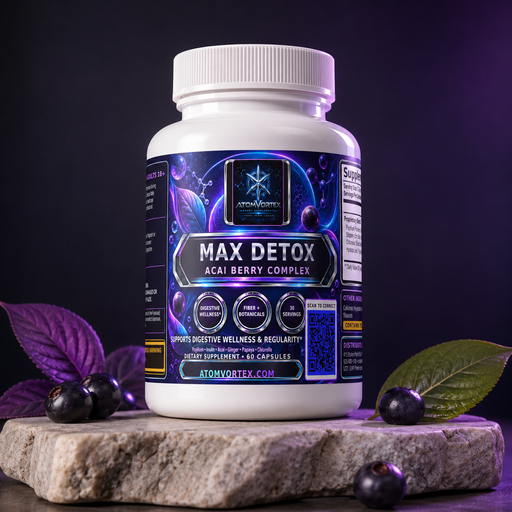 MAX DETOX ACAI BERRY COMPLEX supplement bottle with acai berries and leaves