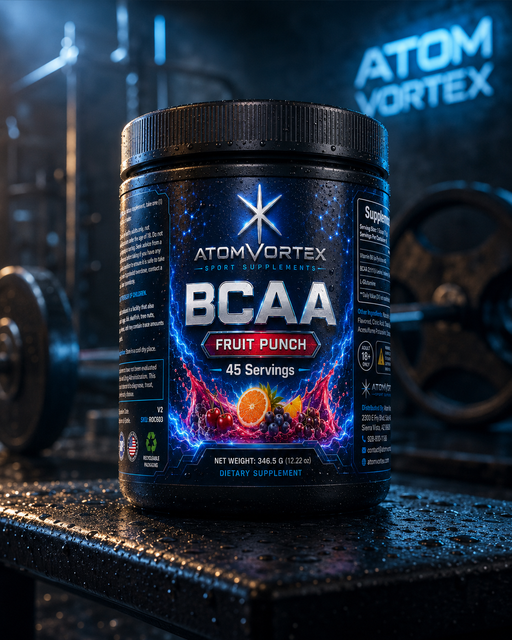 BCAA fruit punch supplement tub on dark surface, close front view of blue label